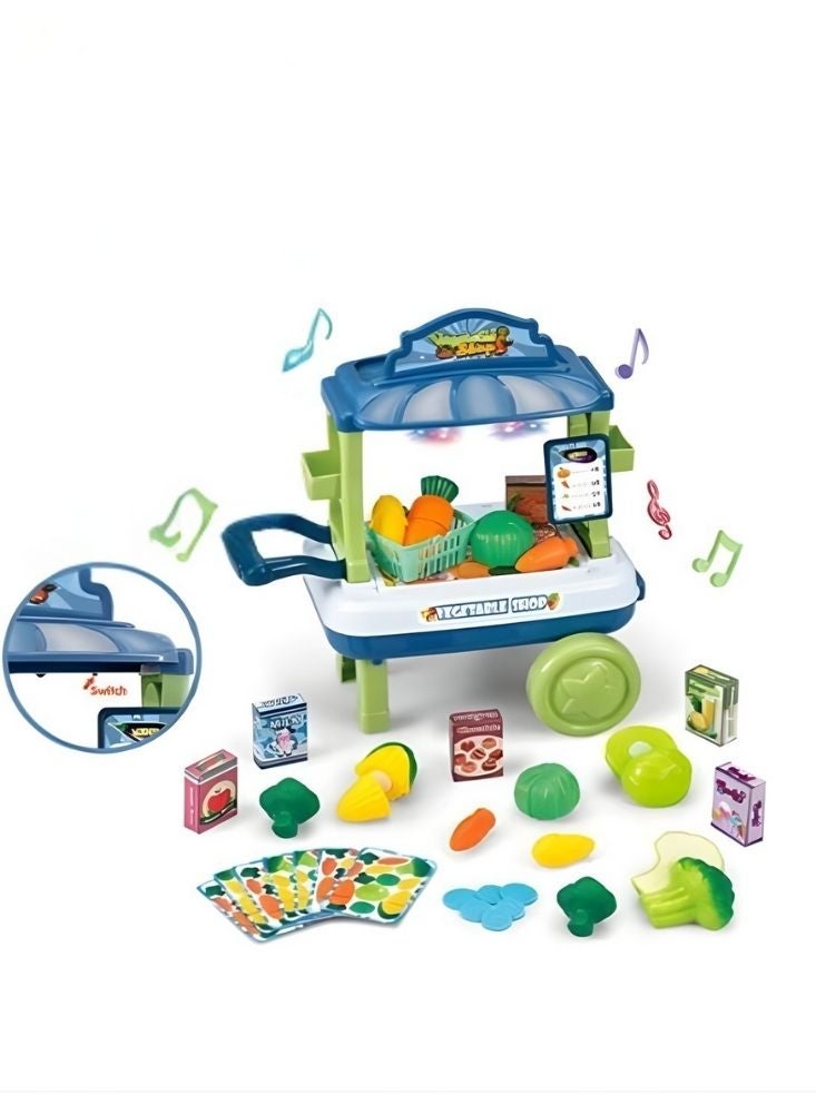 بريميم مجموعة ألعاب عربة الخضار للأطفال مع موسيقى وأضواء - لعبة متجر بقالة مكونة من 38 قطعة مع فواكه وخضراوات وبطاقات وعربة دفع للعب التظاهري بالتسوق - Image 3